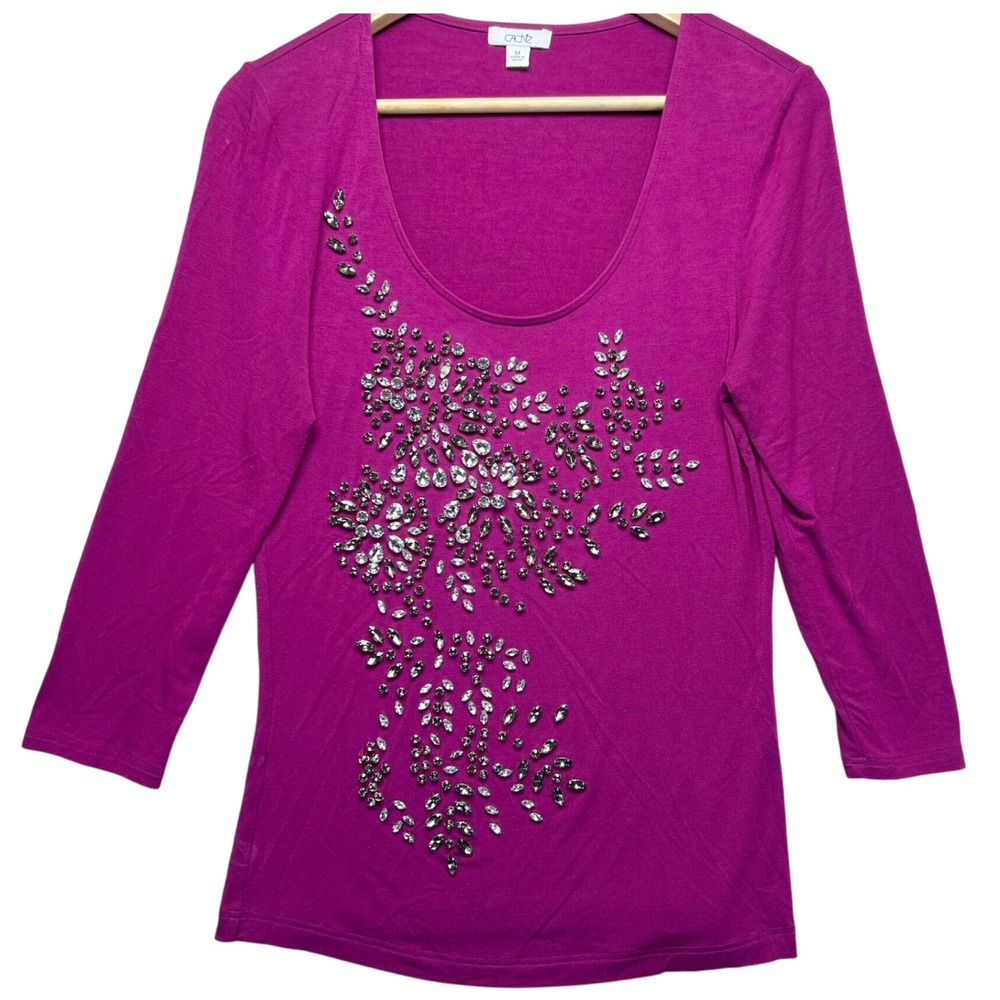 Cache Embellished Top Women's Medium Scoop Neck 3/4 Sleeve Magenta‎ Rhinestone